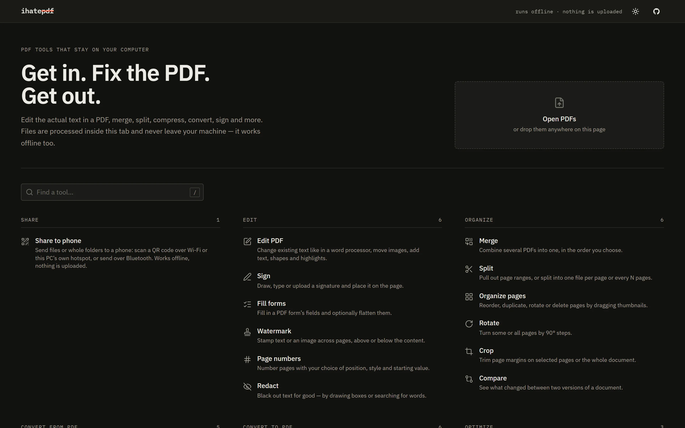 IHatePDF home screen listing the PDF tools