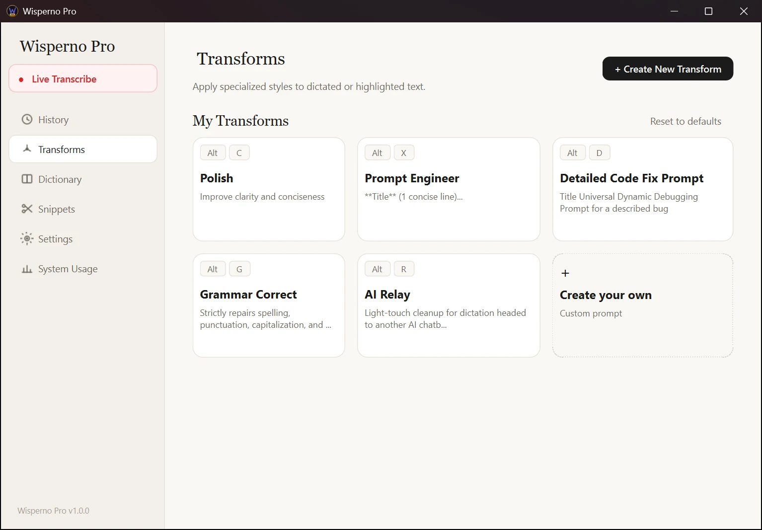 Wisperno Transforms tab with five transform cards and their Alt hotkeys